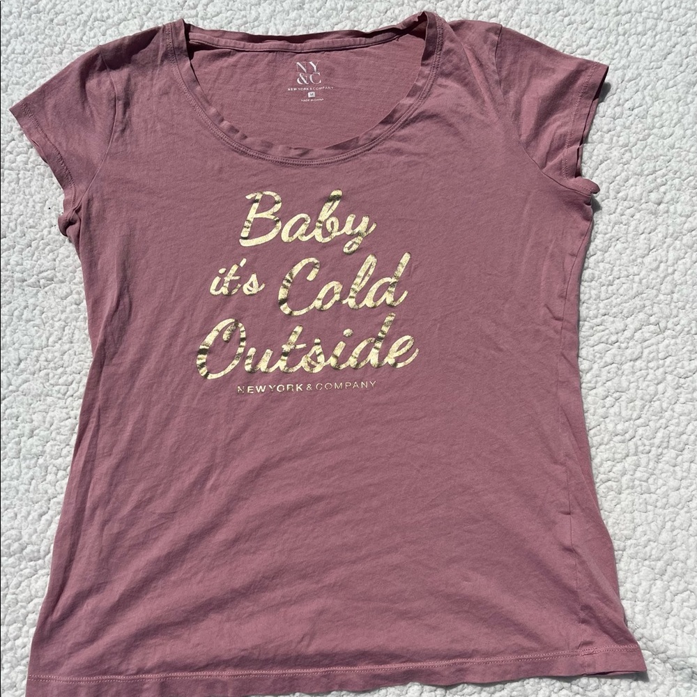 New York & Company Woman's Size Medium Pink Short Sleeve Shirt with Gold Letters